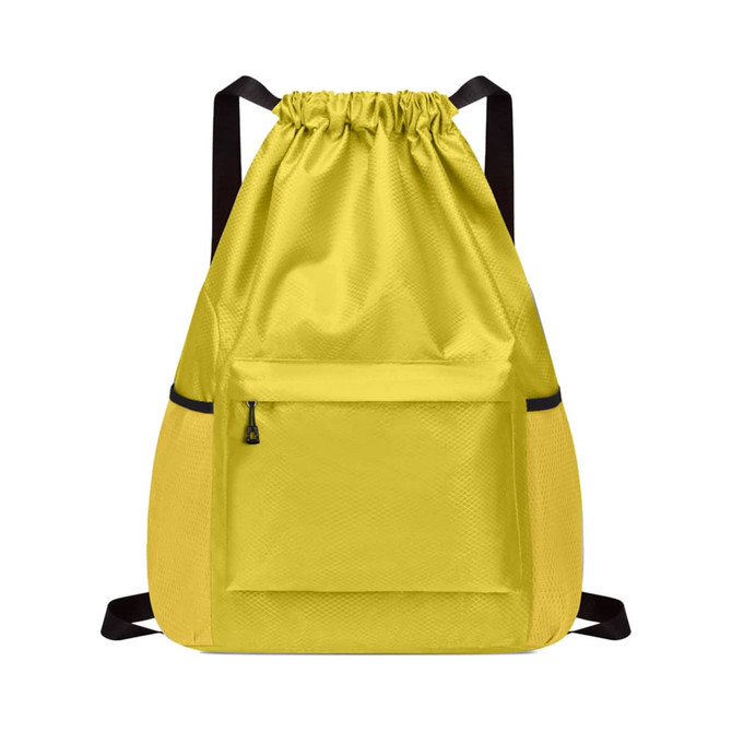 A yellow multi-pocket drawstring backpack with a front zip pocket and black straps. It has a logo on it.