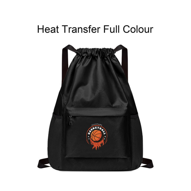 A black drawstring backpack with a front pocket and a circular basketball logo. Features adjustable straps.
