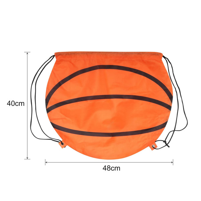 An orange drawstring backpack shaped like a basketball, featuring black stripes. It has a logo and measures 48cm wide by 40cm high.