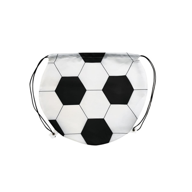 A ball-shaped drawstring backpack featuring a black and white hexagonal soccer ball design. It includes a logo.