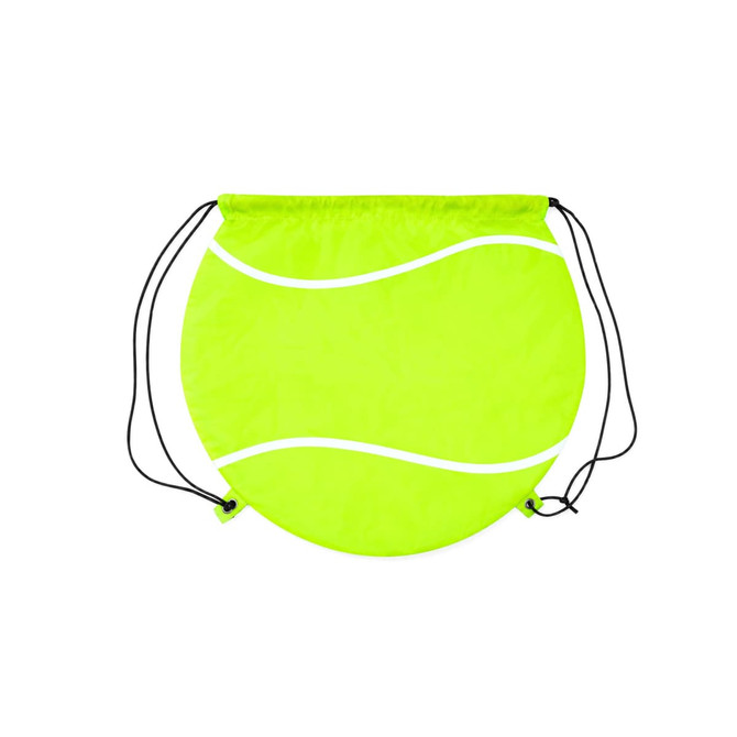 A bright lime green drawstring backpack in a circular shape, featuring white wave accents and a logo.