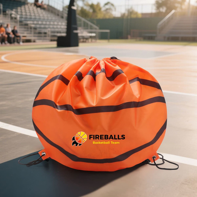A round orange drawstring backpack designed with a basketball pattern and featuring a logo.