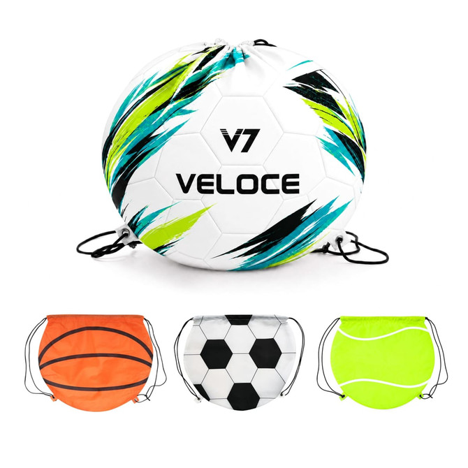 A ball-shaped drawstring backpack in white, featuring vibrant graphics, with orange, black, and green variations displayed.