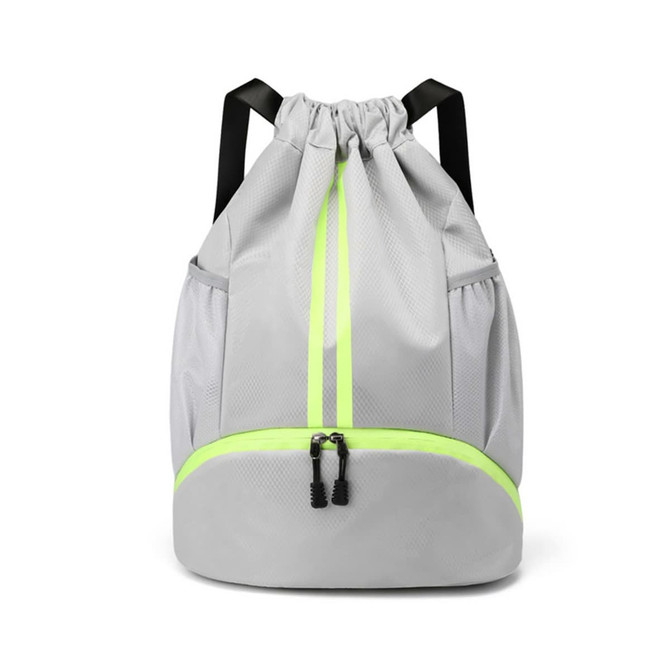 A grey drawstring backpack with fluorescent yellow accents and a zippered bottom compartment, featuring a logo.