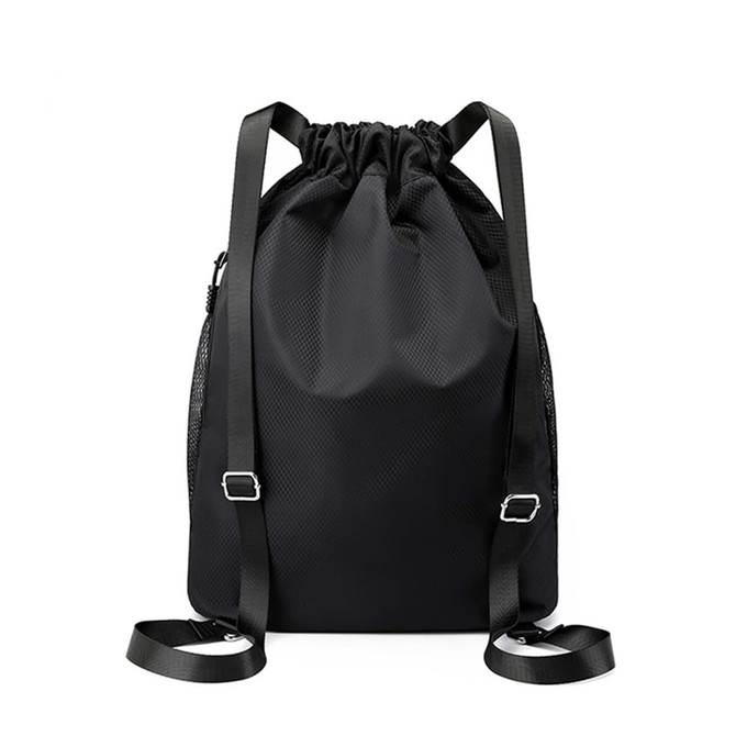 A black drawstring backpack with a mesh design and adjustable straps, featuring a logo on the front.