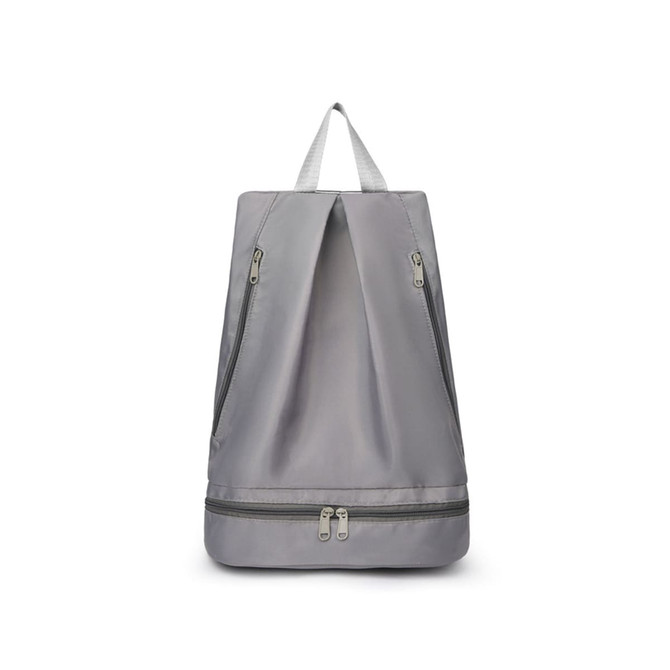A grey backpack with a handle and multiple zippered compartments for wet and dry separation.