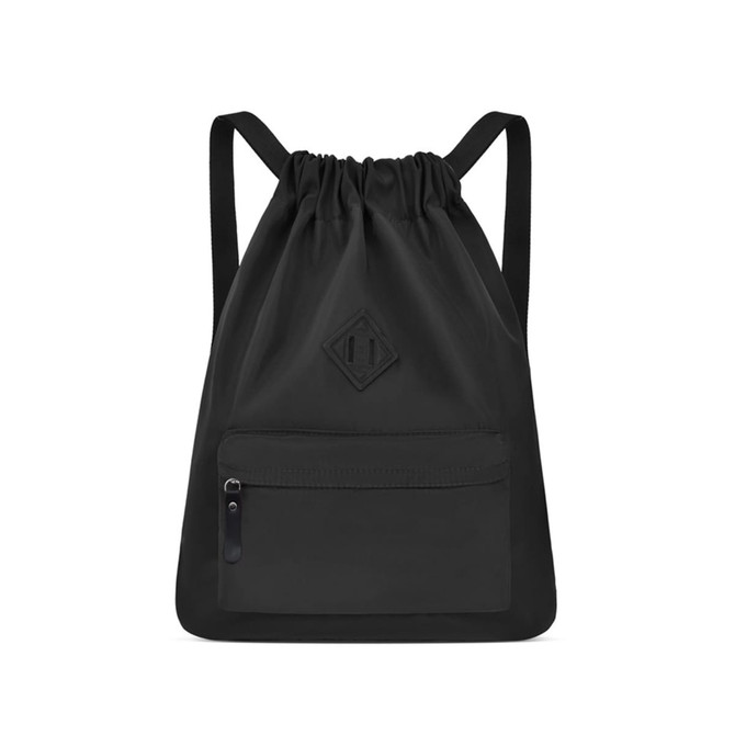A black lightweight drawstring backpack with a front zip pocket and a logo patch.