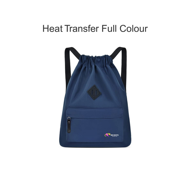 A lightweight drawstring backpack in navy blue featuring a front zip pocket and a logo.