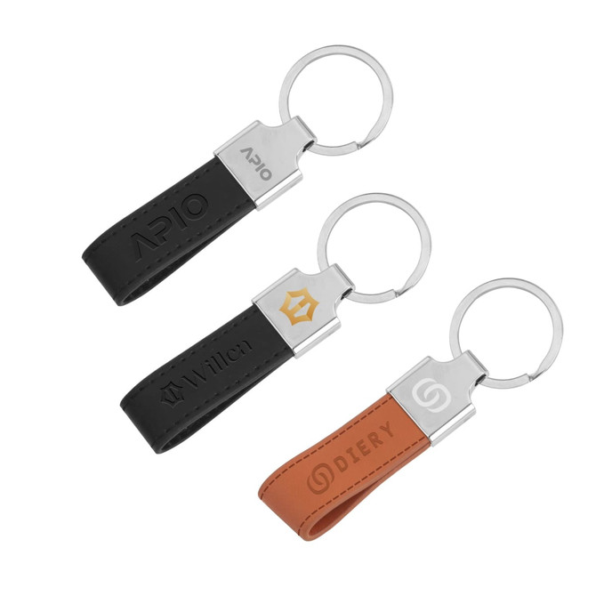 A set of three PU leather keyrings in black, brown, and orange, each featuring a metal keyring and a logo.