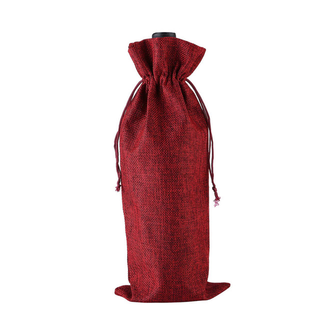 A red wine drawstring bag made of textured fabric, featuring a cinched opening and a flat base.