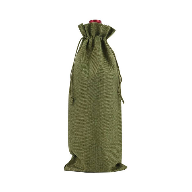 A green drawstring bag designed for holding a wine bottle, featuring a textured finish and closure.
