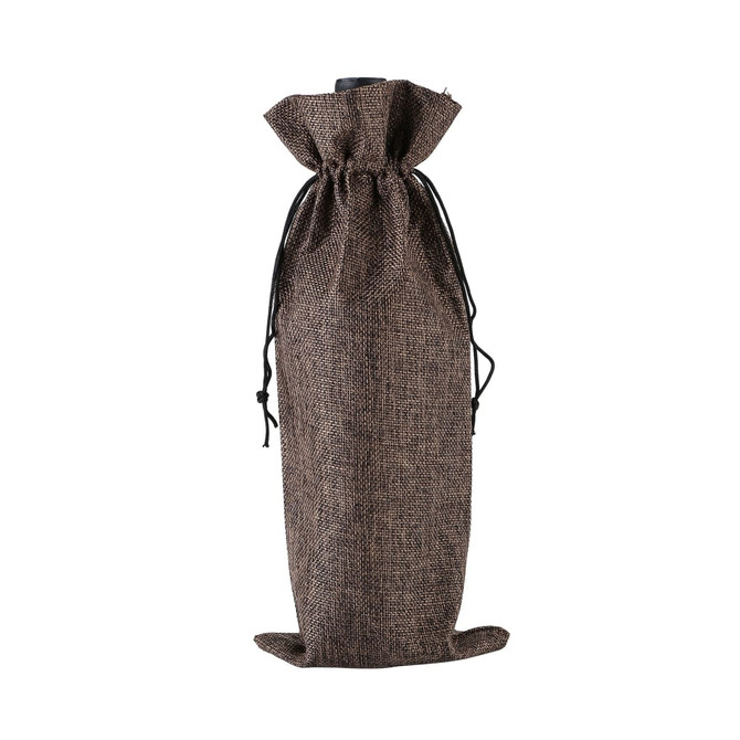 A brown wine drawstring bag made of textured fabric, featuring a black drawstring closure and base.