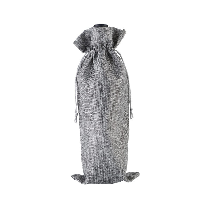 A grey drawstring bag designed for wine bottles, featuring a simple, rustic fabric texture. It has a branding label.