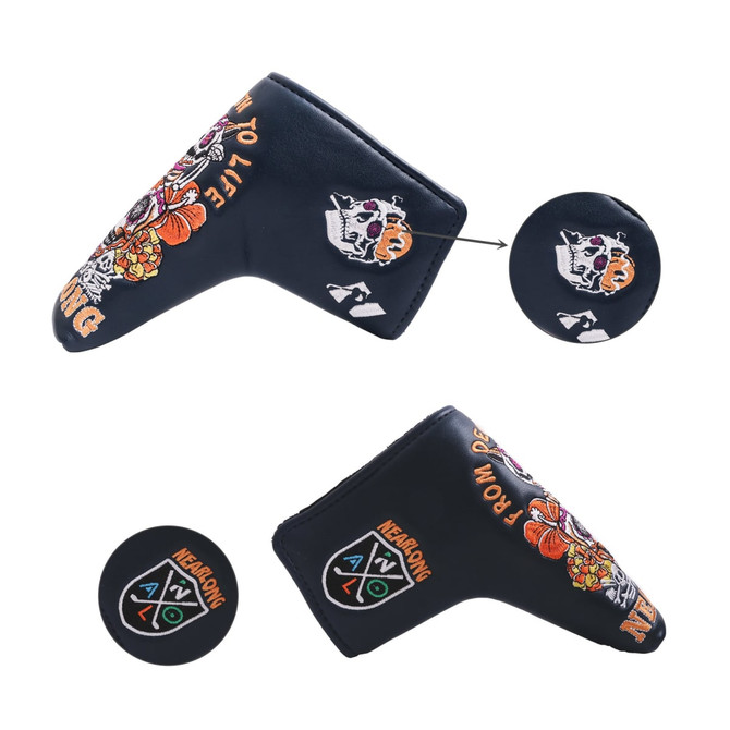 A black custom blade putter cover featuring colourful skull and floral designs, with a logo displayed.