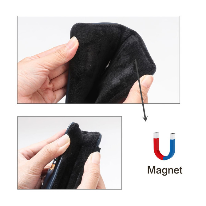 A black putter cover being held, featuring a soft textured surface and a magnetic closure.