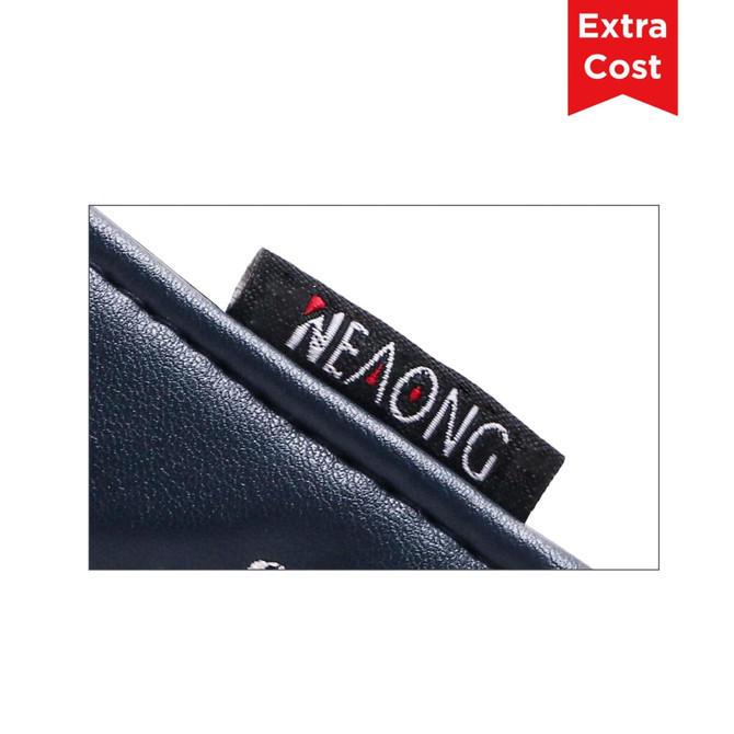 A navy custom blade putter cover featuring a branding tag, designed for golf equipment.