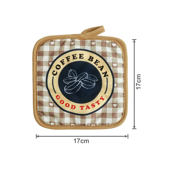 A quilted pot holder in shades of brown with a coffee bean graphic and a branded logo, measuring 17cm x 17cm.
