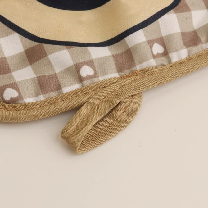 A medium quilted pot holder featuring a checkered pattern in beige and brown, with a fabric loop for hanging.