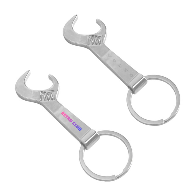 A drink bottle opener in the shape of a silver wrench, featuring a keyring and a logo.