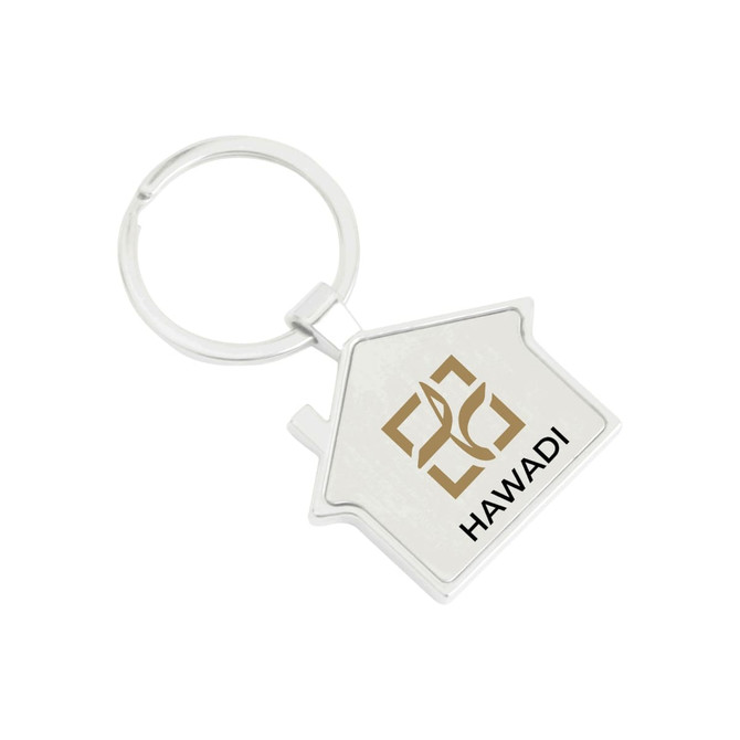 A silver metal keyring shaped like a house, featuring a logo on one side.