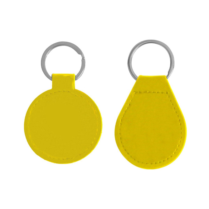 A yellow PU leather keyring with a circular and teardrop shape, featuring a silver metal ring and branding.