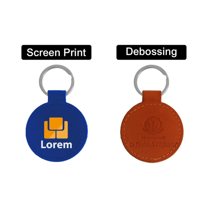A keyring with a blue and orange PU leather design, featuring a logo on one side and debossing on the other.