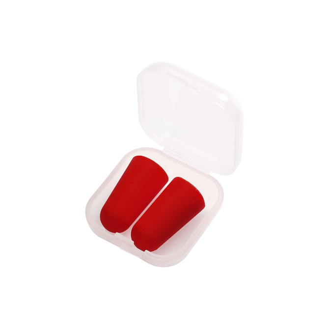 Red ear plugs nestled in a clear, plastic case.