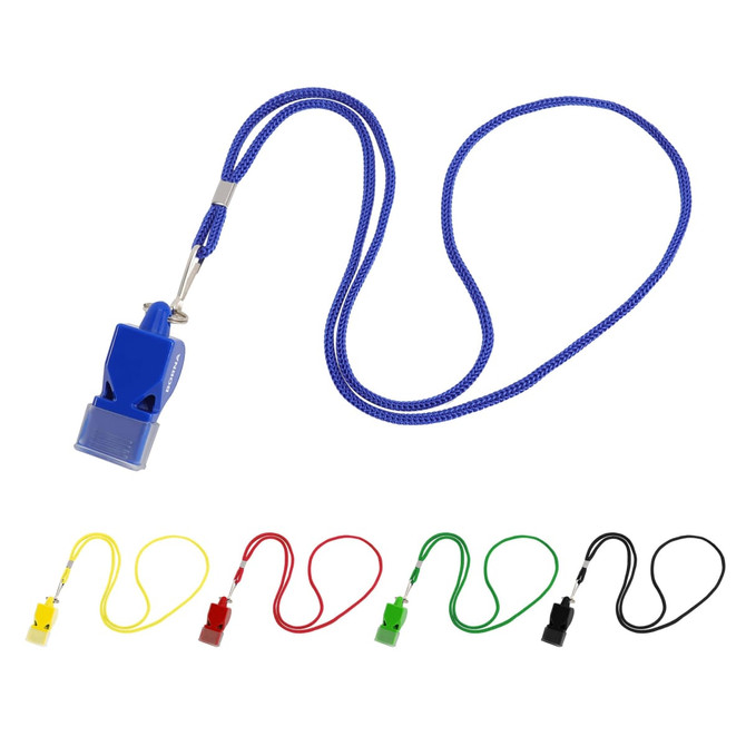 A blue plastic whistle on a lanyard, flanked by red, yellow, green, and black variations of the same product.