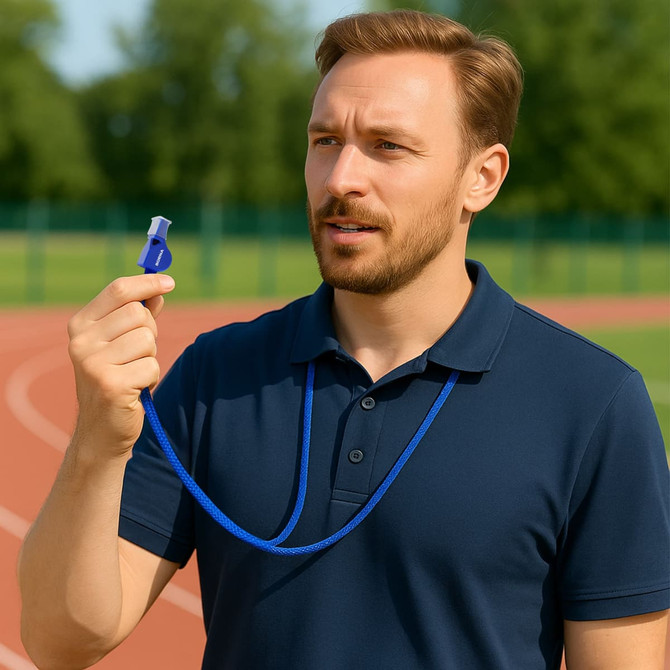 A blue plastic whistle with a lanyard is held by a man on a running track in a green outdoor setting.