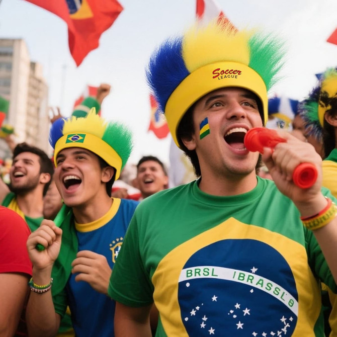 A group of enthusiastic fans wears green and yellow shirts, pom-pom hats, and holds flags, celebrating passionately.