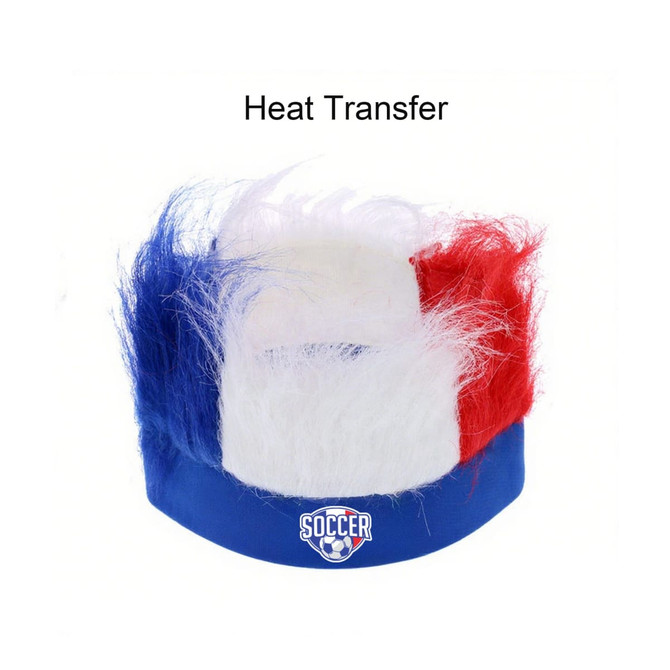 A headband wig featuring three colours: blue, white, and red, with a fuzzy texture and a logo on the front.