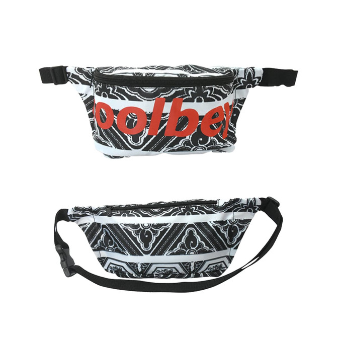 A sublimation bum bag in black and white patterns, featuring a logo in red, adjustable strap included.