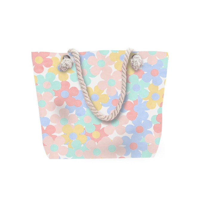 A tote bag with a pastel floral pattern and a cream-coloured rope handle.
