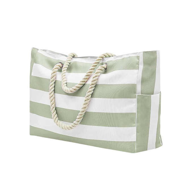A green and white striped beach bag with rope handles and a side pocket. It has a logo on the side.