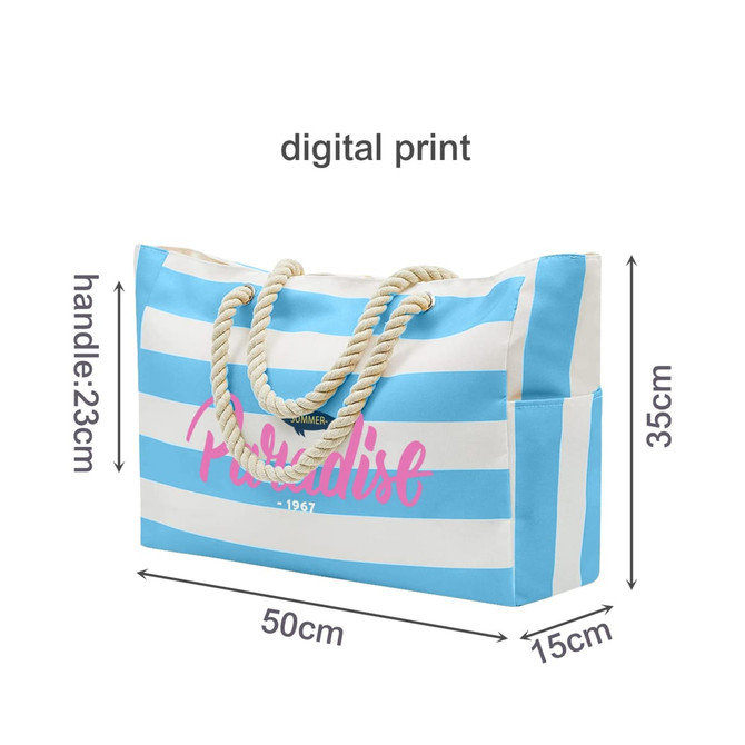 A blue and white striped beach bag with a rope handle and a side pocket, featuring a logo.