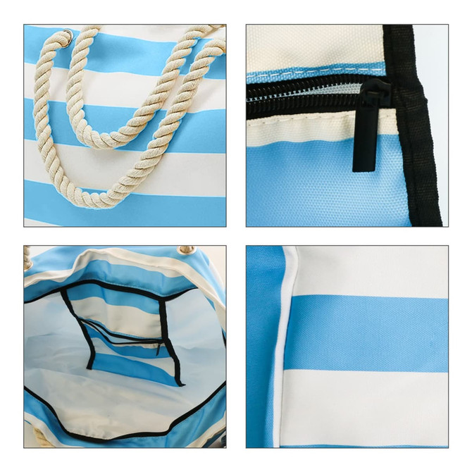 A blue and white striped beach bag with rope handles and a zippered pocket. The interior features a divided compartment.