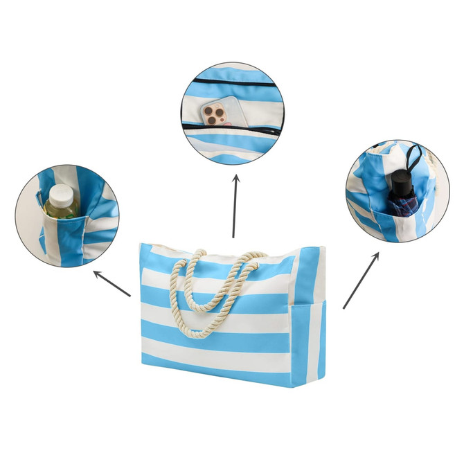 A blue and white striped beach bag with rope handles featuring multiple pockets for storage.