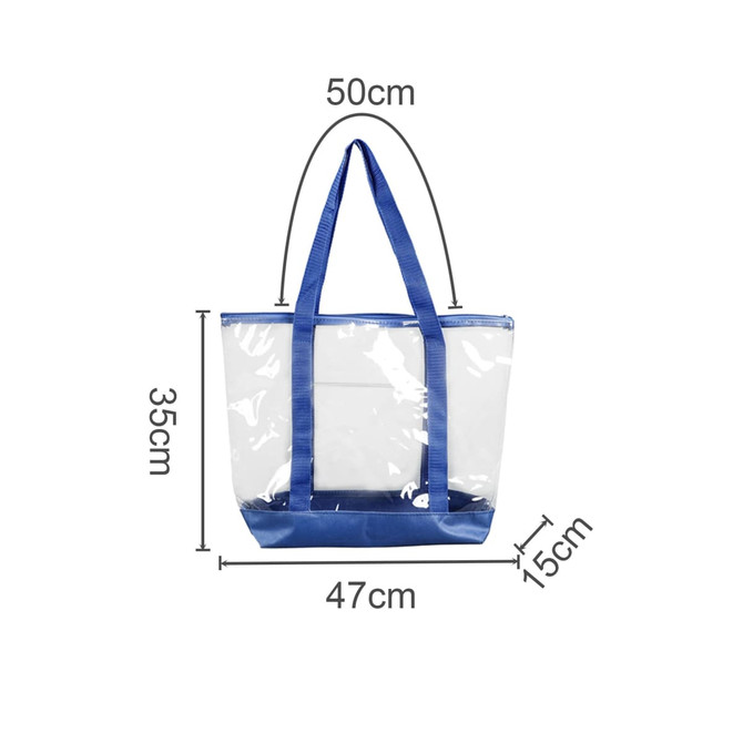 A large clear zippered tote bag with blue handles and trim, featuring dimensions and a logo.
