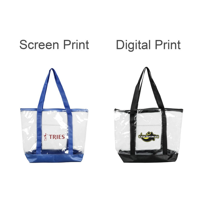 A large clear zippered tote bag with blue and black trim, featuring two different printed designs.