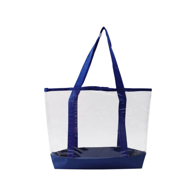 A transparent handbag with navy blue straps and base, featuring a simple design and ample storage space.