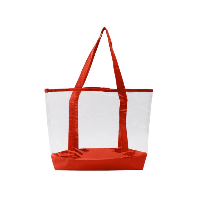 A transparent handbag with red straps and a red base, featuring a spacious design.