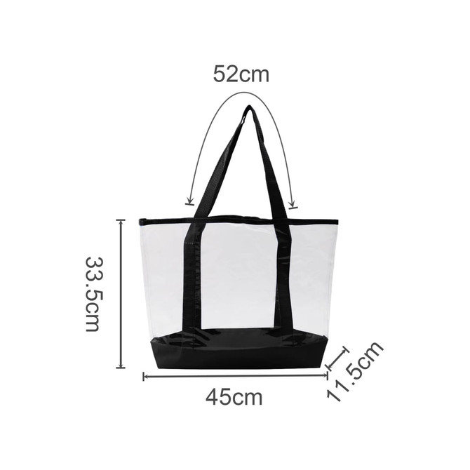 A transparent hand bag with black straps and a solid black base, featuring dimensions of 52cm x 33.5cm x 11.5cm.