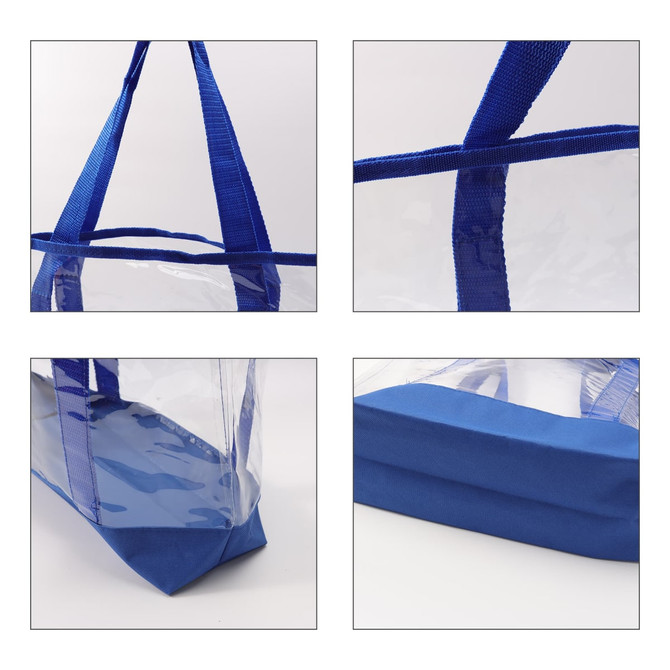 A transparent handbag with blue straps and base, featuring multiple angles to show design and materials.