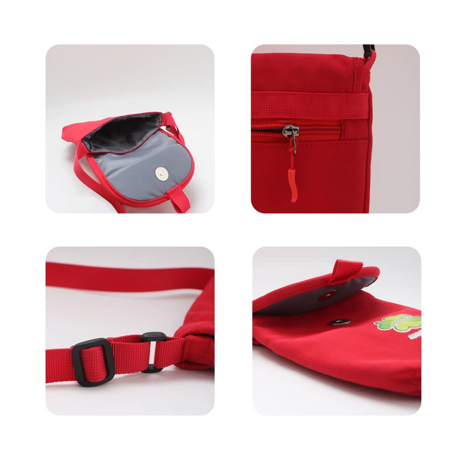 A small red canvas shoulder bag featuring a grey interior, adjustable strap, and a front zip pocket.