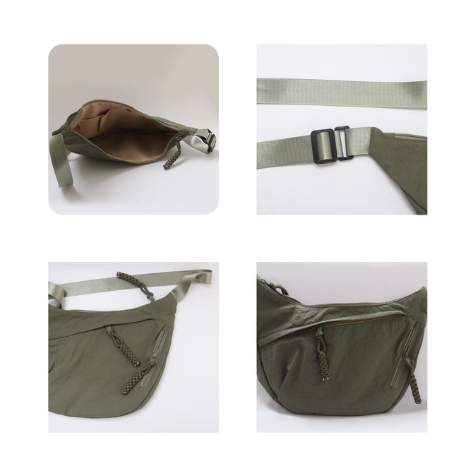 An olive green Dumpling Crossbody Bag with adjustable straps and zippered compartments, featuring a neutral interior.