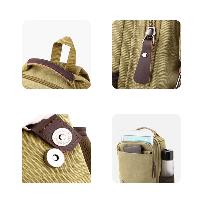A canvas sling backpack in olive green features brown leather accents and multiple compartments for storage.