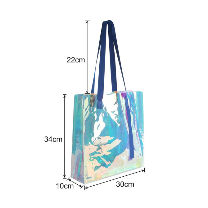 A PVC waterproof tote bag in iridescent colours with blue straps, measuring 34cm x 30cm x 10cm.