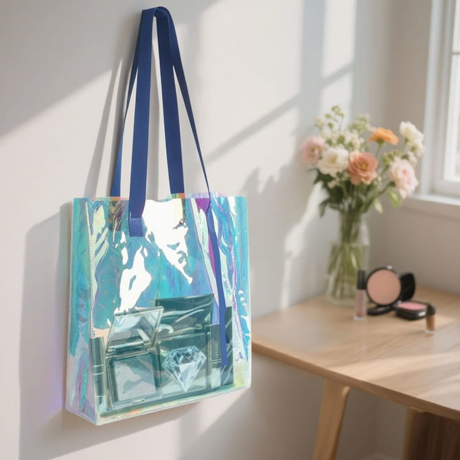 A PVC waterproof tote bag in iridescent hues with blue handles, hanging beside a table with flowers and cosmetics.