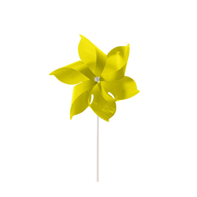 A yellow six-leaf pinwheel with a white stem, featuring six curved leaves that rotate with the wind.