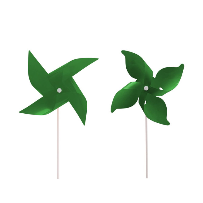 Two green four-leaf pinwheels on white sticks, featuring a simple design with a central spinning pin.